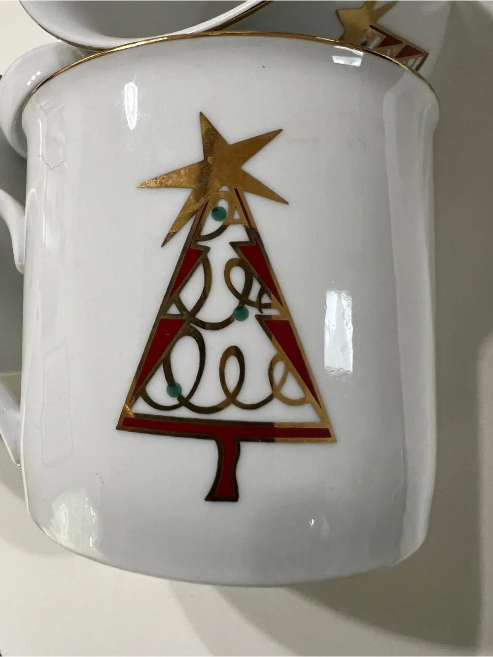 Pier 1 Christmas Tree Gold & Red Porcelain Mugs - Set of 4